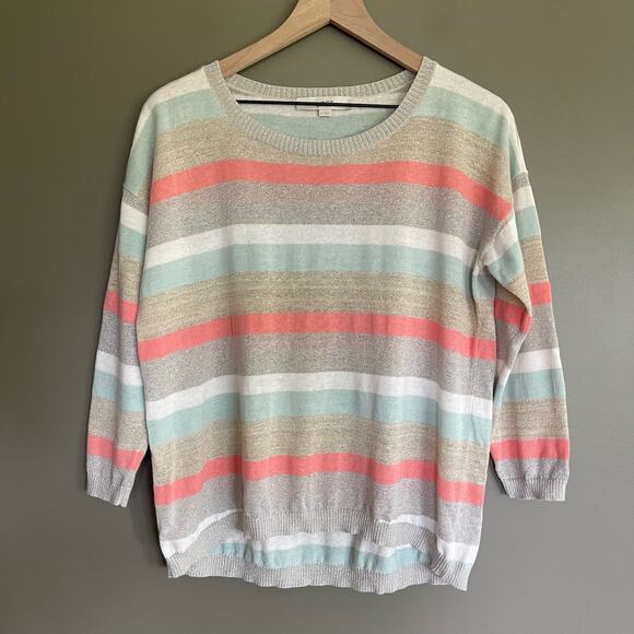 LOFT Shimmer Striped 3/4 Sleeve Sweater Size Small Lightweight Relaxed Fit Linen - Picture 4 of 16
